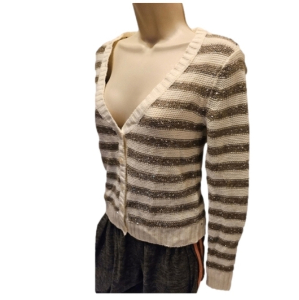 Arizona Jeans Co Cropped Striped Sequin Cable Knit Sweater - Picture 3 of 16